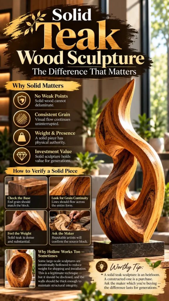 "Solid Teak Wood Sculpture: The Difference That Matters," featuring a large flame-shaped wooden sculpture mounted on a dark marble base. The visual guide outlines four key benefits of solid teak—no weak points, consistent grain, weight and presence, and investment value. It also includes verification steps (checking the base, grain continuity, weight, and asking the maker) along with a section explaining when hollowed sculptures are used.