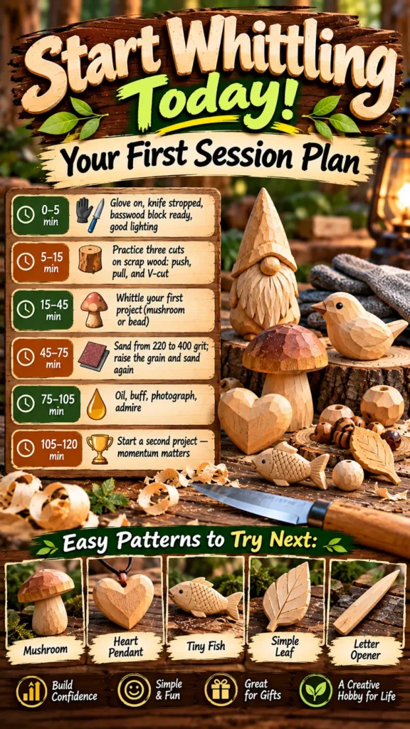 "Start Whittling Today! Your First Session Plan". Session Timeline:0–5 min: Glove on, knife stropped, basswood block ready, good lighting 5–15 min: Practice push, pull, and V-cuts on scrap wood 15–45 min: Whittle first project (mushroom or bead) 45–75 min: Sand 220 to 400 grit 75–105 min: Oil, buff, photograph, admire 105–120 min: Start second project Easy Patterns: Mushroom, Heart Pendant, Tiny Fish, Simple Leaf, Letter Opener Displays carved wooden figures, a knife, and shavings on a stump.