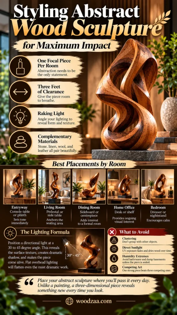"Styling Abstract Wood Sculpture for Maximum Impact" features a sweeping wooden art piece on a dark base. It highlights tips like keeping one focal piece per room, providing three feet of clearance, using raking light, and pairing with complementary materials. Five room placement examples show displays in the entryway, living room, dining room, office, and bedroom. Includes lighting rules and placement mistakes to avoid. woodzaa.com.