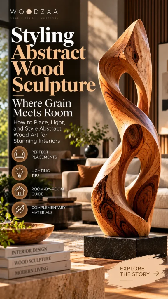 "Styling Abstract Wood Sculpture: Where Grain Meets Room." On the right sits a large, fluidly carved wood sculpture with prominent swirling grain and hollow cutouts, mounted on a dark stone pedestal. Text on the left offers tips on placing, lighting, and styling abstract wood art, highlighting topics like perfect placements, lighting tips, room-by-room guide, and complementary materials. Books titled "Interior Design" rest in the foreground.