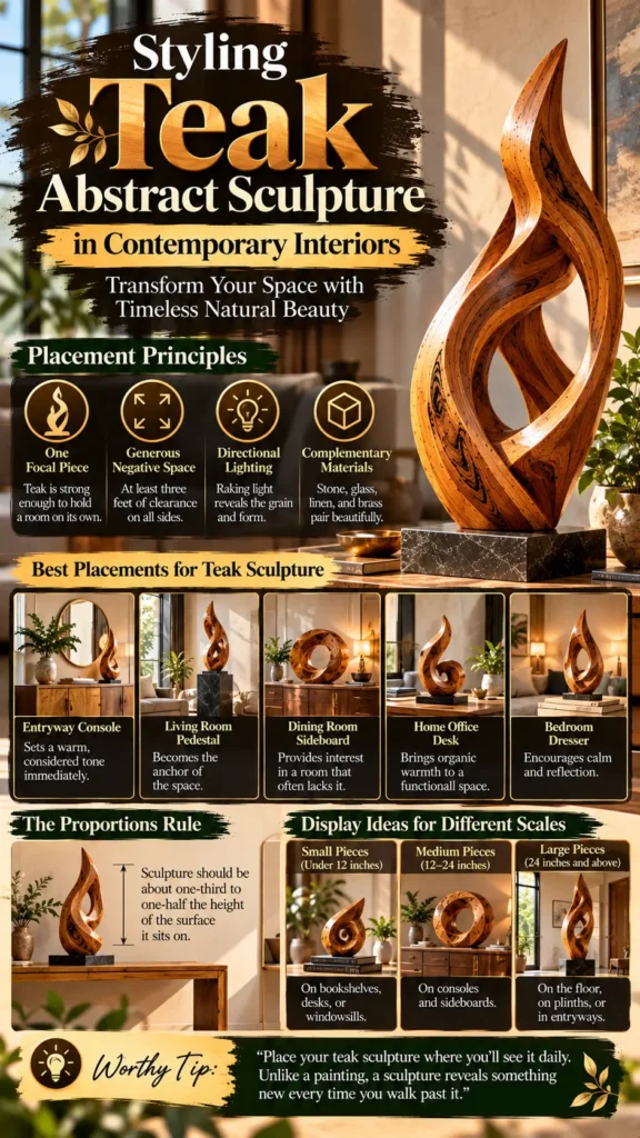 "Styling Teak Abstract Sculpture in Contemporary Interiors," featuring a flame-shaped wooden sculpture on a dark marble base. The graphic covers four placement principles, placement ideas across five room types (entryway, living room, dining room, home office, bedroom), the proportions rule for tabletop styling, and display tips based on sculpture scale (small, medium, large).