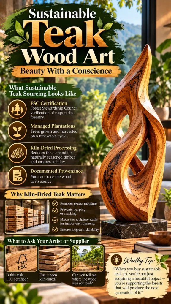 "Sustainable Teak Wood Art: Beauty With a Conscience," showcasing an abstract flame-shaped teak wood sculpture on a dark marble base. The graphic outlines sustainable sourcing criteria such as FSC certification, managed plantations, kiln-dried processing, and documented provenance. It explains the importance of kiln-drying and lists key questions to ask suppliers.