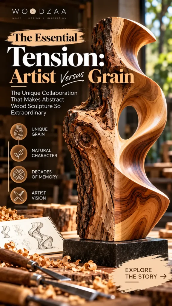 "The Essential Tension: Artist Versus Grain." The image showcases a striking sculpture split vertically—one side raw, rough tree bark and the other smoothly carved, fluid polished wood with rich grain, set on a dark base. Text on the left explores the collaboration between nature and artist, listing features like unique grain, natural character, decades of memory, and artist vision. An open sketchbook and carving chisels sit in the foreground.