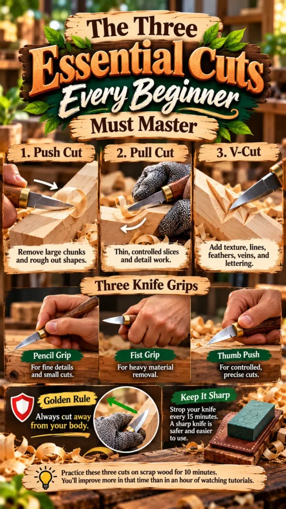 "The Three Essential Cuts Every Beginner Must Master." The graphic details three key wood carving techniques: Push Cut, Pull Cut, and V-Cut, alongside three knife grips: Pencil Grip, Fist Grip, and Thumb Push. It also highlights safety and maintenance tips, including the golden rule to always cut away from your body and to strop your knife every 15 minutes.