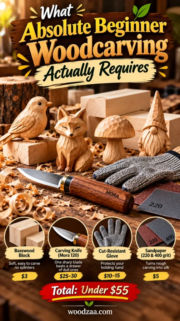 "What Absolute Beginner Woodcarving Actually Requires" displaying carved wooden figures (bird, fox, mushroom, gnome) alongside basic supplies. At the bottom, four essential items with costs are listed: Basswood Block ($3) Carving Knife (Mora 120, $25–30) Cut-Resistant Glove ($10–15) Sandpaper 220 & 400 grit ($5) A red banner at the bottom highlights "Total: Under $55".