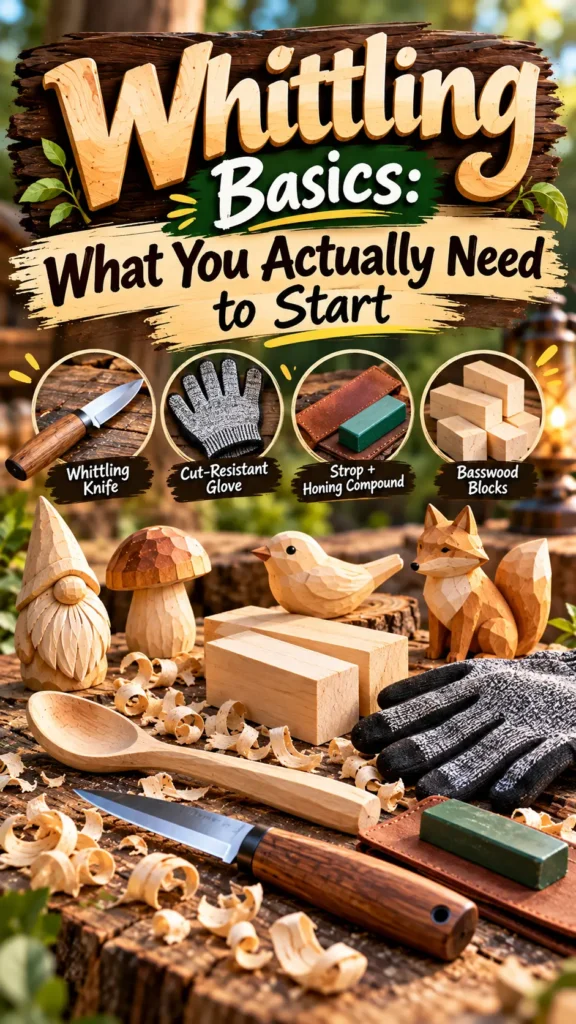 Infographic titled "Whittling Basics: What You Actually Need to Start". * **Essential Tools**: Whittling knife, cut-resistant glove, leather strop with honing compound, and basswood blocks. * **Visuals**: Features circular icons of each tool alongside finished wooden carvings—including a gnome, mushroom, bird, fox, and spoon—arranged on a outdoor wooden surface with wood shavings.