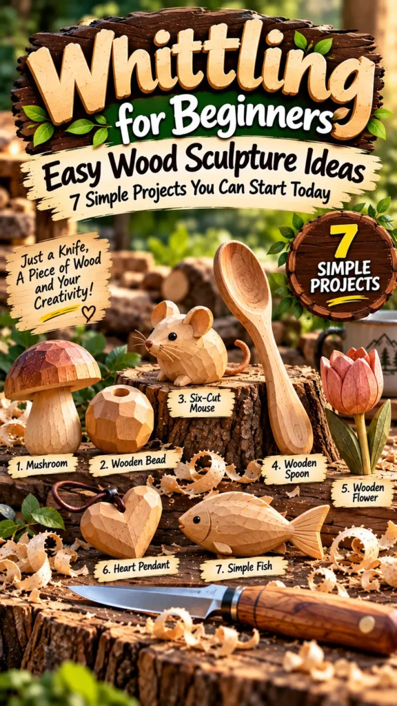 Infographic titled "Whittling for Beginners: Easy Wood Sculpture Ideas — 7 Simple Projects You Can Start Today". * **Featured Projects**: 1. Mushroom 2. Wooden Bead 3. Six-Cut Mouse 4. Wooden Spoon 5. Wooden Flower 6. Heart Pendant 7. Simple Fish Displays seven carved wooden creations arranged on a rustic tree stump alongside wood shavings and a whittling knife.
