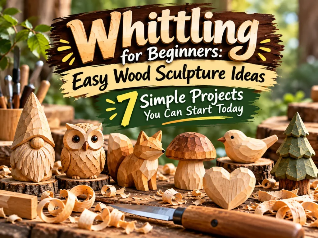 Infographic titled "Whittling for Beginners: Easy Wood Sculpture Ideas — 7 Simple Projects You Can Start Today". * **Visuals**: Displays seven hand-carved wooden sculptures lined up outdoors on a rustic wooden workbench: a gnome, an owl, a fox, a mushroom, a heart, a songbird, and a pine tree. * **Details**: Surrounded by wood curls, carving tools, and a whittling knife in the foreground.