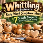 Infographic titled "Whittling for Beginners: Easy Wood Sculpture Ideas — 7 Simple Projects You Can Start Today". * **Visuals**: Displays seven hand-carved wooden sculptures lined up outdoors on a rustic wooden workbench: a gnome, an owl, a fox, a mushroom, a heart, a songbird, and a pine tree. * **Details**: Surrounded by wood curls, carving tools, and a whittling knife in the foreground.