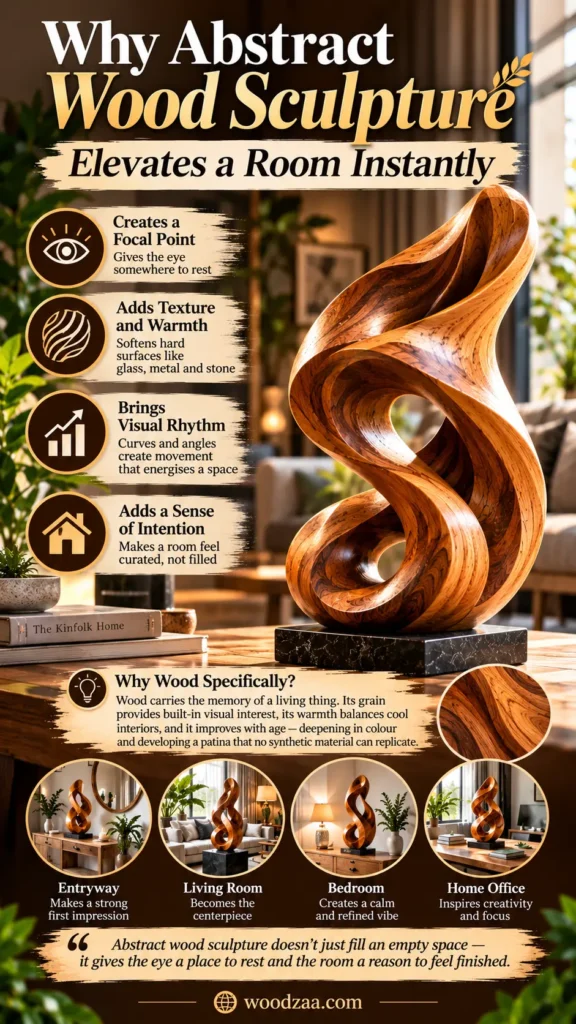 "Why Abstract Wood Sculpture Elevates a Room Instantly" features a large, flame-like wooden sculpture on a dark marble base. Key benefits highlighted include creating a focal point, adding texture and warmth, bringing visual rhythm, and adding a sense of intention. Four circular sub-images show placement options in an Entryway, Living Room, Bedroom, and Home Office. woodzaa.com.
