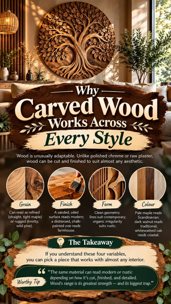 "Why Carved Wood Works Across Every Style". It features a large, round carved wooden tree wall sculpture in a warm living room. Four circular detail shots highlight design variables: Grain, Finish, Form, and Colour. The bottom section includes "The Takeaway" and a "Worthy Tip" on choosing wood pieces for any interior style.