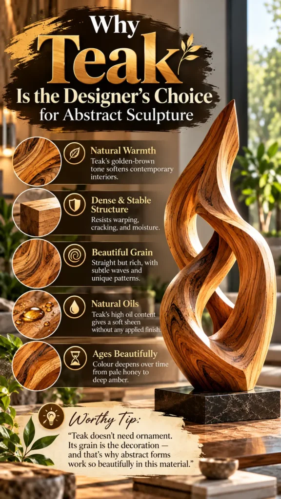 "Why Teak Is the Designer's Choice for Abstract Sculpture," featuring an abstract flame-shaped golden-brown teak sculpture on a dark marble base. The graphic lists five key reasons designers choose teak: natural warmth, dense and stable structure, beautiful grain, natural oils, and aging beautifully."Why Teak Is the Designer's Choice for Abstract Sculpture," featuring an abstract flame-shaped golden-brown teak sculpture on a dark marble base. The graphic lists five key reasons designers choose teak: natural warmth, dense and stable structure, beautiful grain, natural oils, and aging beautifully.