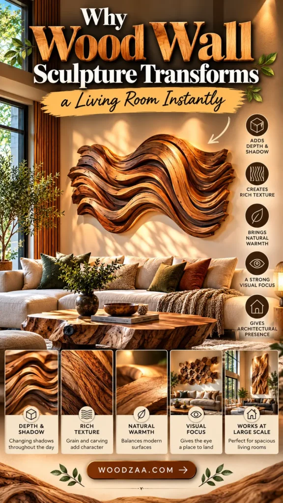 "Why Wood Wall Sculpture Transforms a Living Room Instantly". The main photo shows a large, wavy wooden wall sculpture above a couch in a modern living room. Five lower panels detail benefits: Depth & Shadow, Rich Texture, Natural Warmth, Visual Focus, and Works at Large Scale. Icons on the right side highlight how it adds depth, texture, warmth, and architectural presence, with woodzaa.com featured at the bottom.