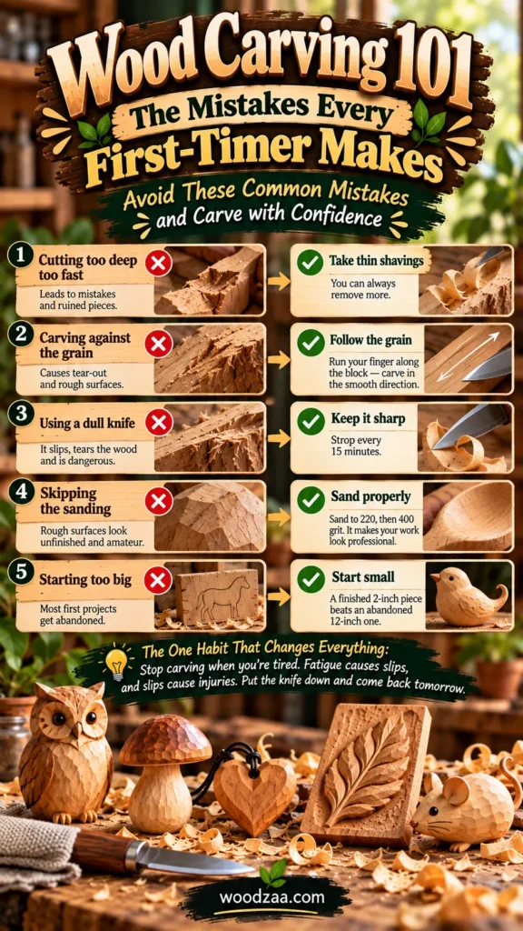 "Wood Carving 101: The Mistakes Every First-Timer Makes" outlining 5 common mistakes and solutions: Cutting too deep/fast $\rightarrow$ Take thin shavings Carving against grain $\rightarrow$ Follow the grain Using a dull knife $\rightarrow$ Keep it sharp (strop every 15 min) Skipping sanding $\rightarrow$ Sand properly (220 then 400 grit) Starting too big $\rightarrow$ Start small Includes advice on avoiding fatigue and displays carved figures (owl, mushroom, heart, leaf, mouse) along with woodzaa.com.