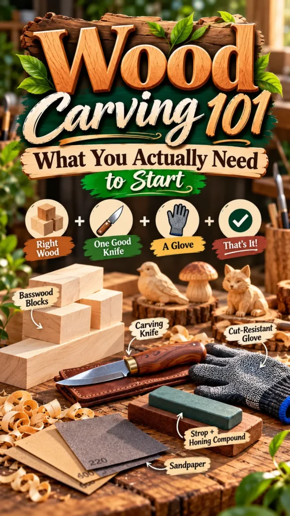 "Wood Carving 101: What You Actually Need to Start." It outlines the basic starter kit formula: Right Wood + One Good Knife + A Glove. The rustic wooden workbench displays stacked basswood blocks, a wooden carving knife, a cut-resistant glove, a strop with honing compound, and sheets of sandpaper. Completed carved figures of a bird, mushroom, and cat sit in the background.