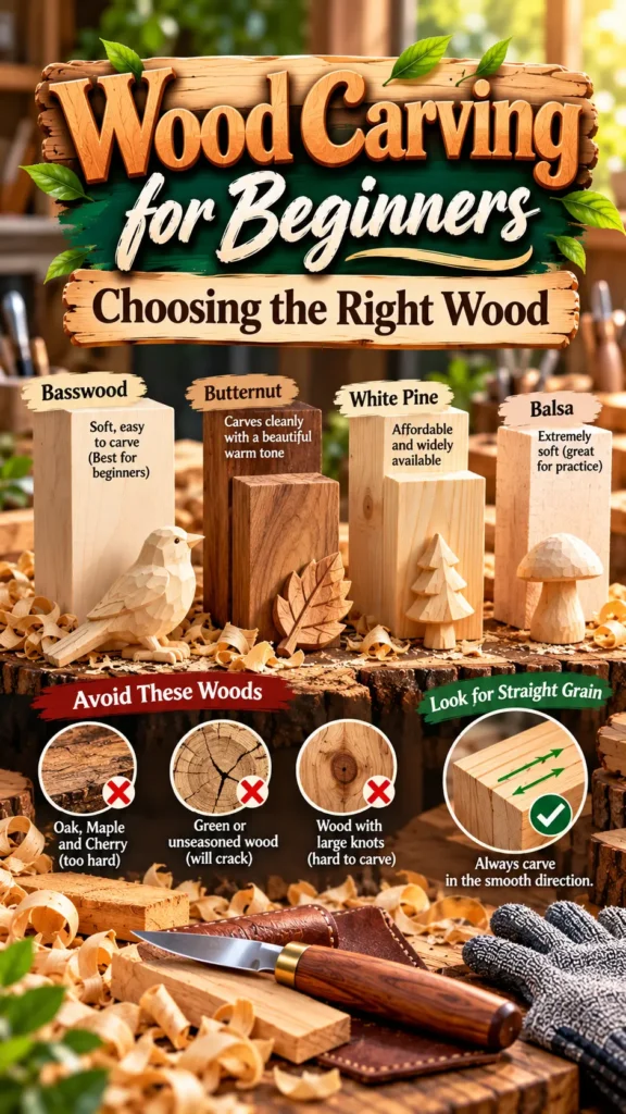 "Wood Carving for Beginners: Choosing the Right Wood." It highlights beginner-friendly wood types like Basswood, Butternut, White Pine, and Balsa with carved samples. The graphic also advises which woods to avoid, such as hard woods, green wood, and woods with knots, and reminds carvers to look for straight grain.