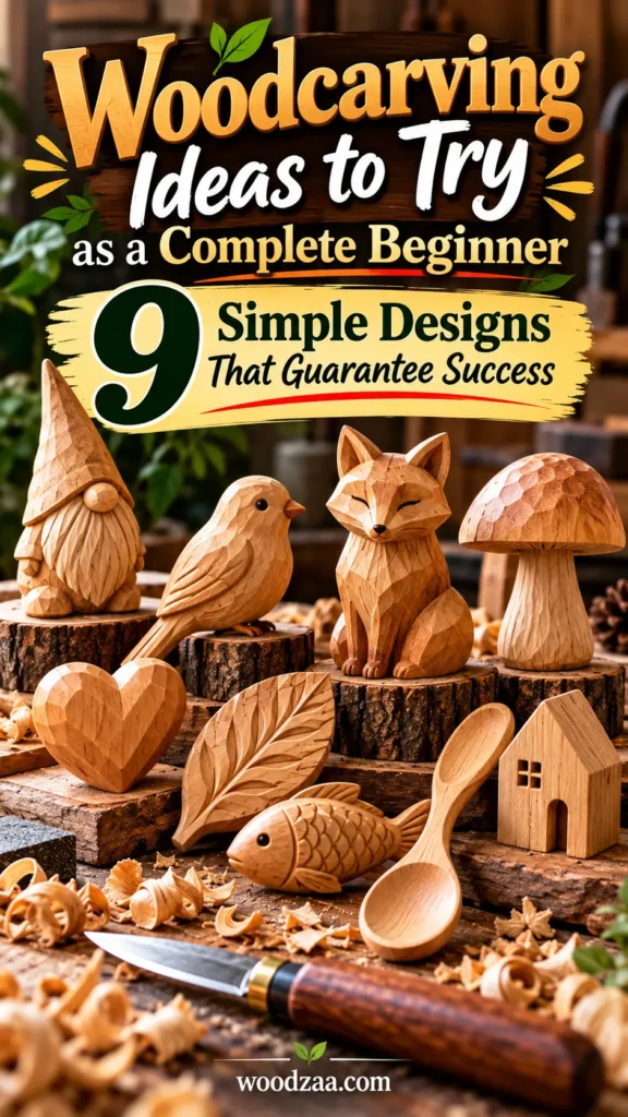 "Woodcarving Ideas to Try as a Complete Beginner — 9 Simple Designs That Guarantee Success" displayed on a wooden workbench with wood shavings and a carving knife. Nine carved wooden projects are shown: a gnome, a bird, a sitting fox, a mushroom, a heart, a leaf, a fish, a small spoon, and a simple house.