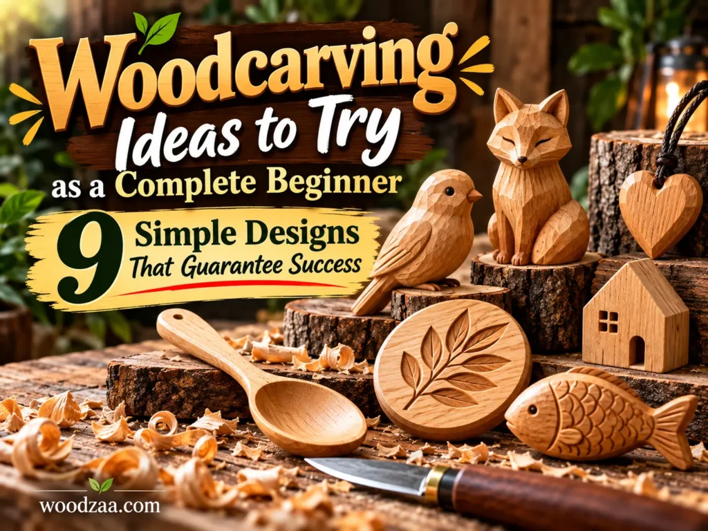 "Woodcarving Ideas to Try as a Complete Beginner — 9 Simple Designs That Guarantee Success" featuring carved wooden crafts on a rustic workbench. Featured items include a small bird, a sitting fox, a heart pendant, a wooden spoon, a round plaque carved with leaves, a fish, and a tiny wooden house alongside wood shavings and a carving knife.