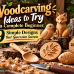 "Woodcarving Ideas to Try as a Complete Beginner — 9 Simple Designs That Guarantee Success" featuring carved wooden crafts on a rustic workbench. Featured items include a small bird, a sitting fox, a heart pendant, a wooden spoon, a round plaque carved with leaves, a fish, and a tiny wooden house alongside wood shavings and a carving knife.
