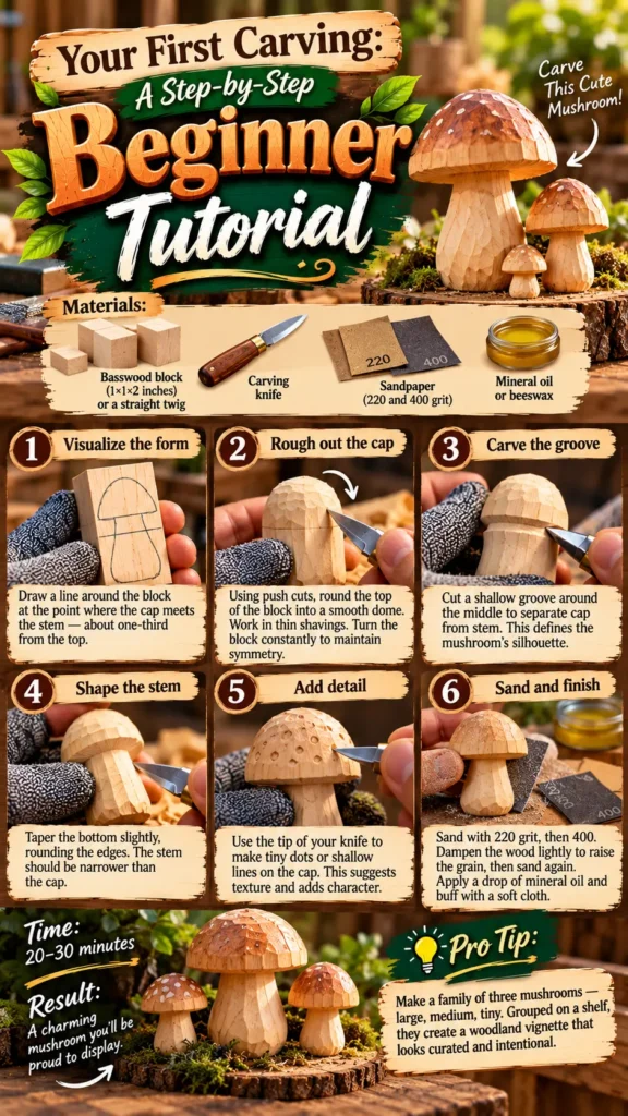 "Your First Carving: A Step-by-Step Beginner Tutorial." The graphic breaks down a 6-step guide to carve a wooden mushroom using a basswood block, carving knife, sandpaper, and mineral oil. It features step-by-step illustrations, a 20-30 minute time estimate, finished mushroom carvings, and a pro tip for creating a woodland vignette set.