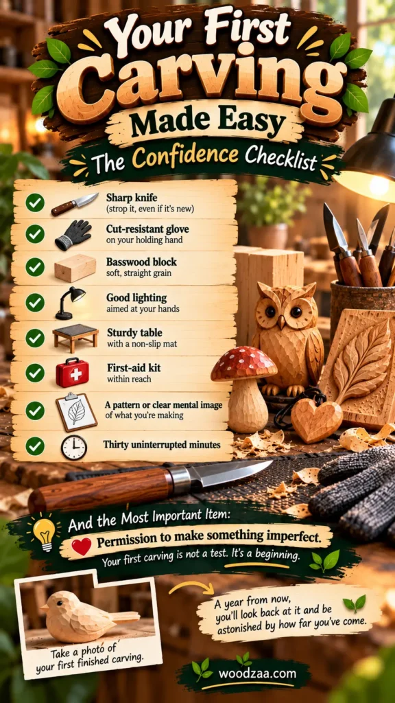 "Your First Carving Made Easy: The Confidence Checklist" set on a woodworking workbench featuring tools and carved figures like an owl, mushroom, heart, and leaf. On the left, a checklist includes 8 essentials: Sharp knife, Cut-resistant glove, Basswood block, Good lighting, Sturdy table, First-aid kit, A pattern, and Thirty uninterrupted minutes. The bottom highlights a key reminder: "Permission to make something imperfect" along with woodzaa.com.