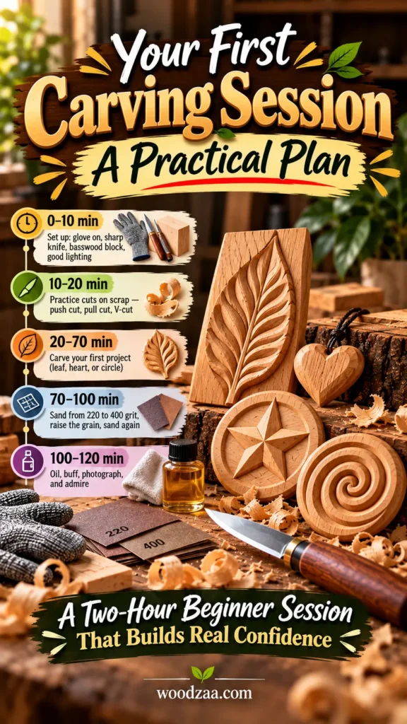 "Your First Carving Session: A Practical Plan" detailing a two-hour beginner guide: 0–10 min: Set up (glove, knife, basswood, lighting) 10–20 min: Practice push, pull, and V-cuts on scrap 20–70 min: Carve first project (leaf, heart, or circle) 70–100 min: Sand from 220 to 400 grit 100–120 min: Oil, buff, photograph, and admire Background features carved wood pieces (leaf, heart, star, spiral), sandpaper, oil, glove, and a carving knife.