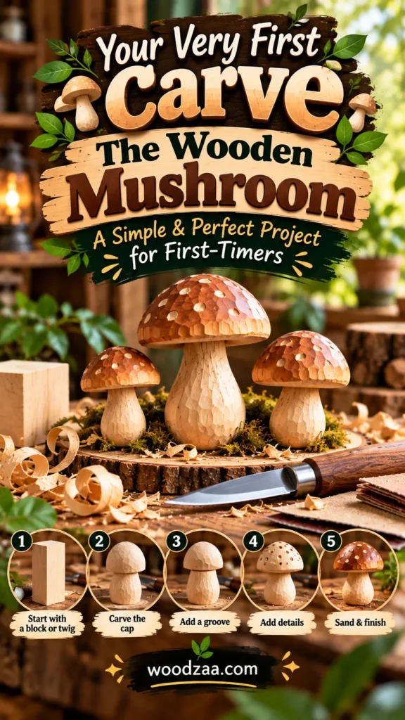 "Your Very First Carve: The Wooden Mushroom - A Simple & Perfect Project for First-Timers" set on a rustic workbench with wood shavings and a carving knife. The main image displays three detailed hand-carved wooden mushrooms on a slice of wood. A 5-step tutorial at the bottom illustrates the process: 1) Start with a block or twig, 2) Carve the cap, 3) Add a groove, 4) Add details, and 5) Sand & finish. Includes the website logo woodzaa.com.